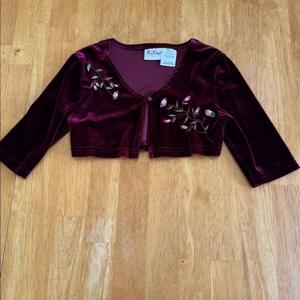 Vintage Girls Velveteen Burgandy Shrug Rose Accents Embroidery Rose Cottage